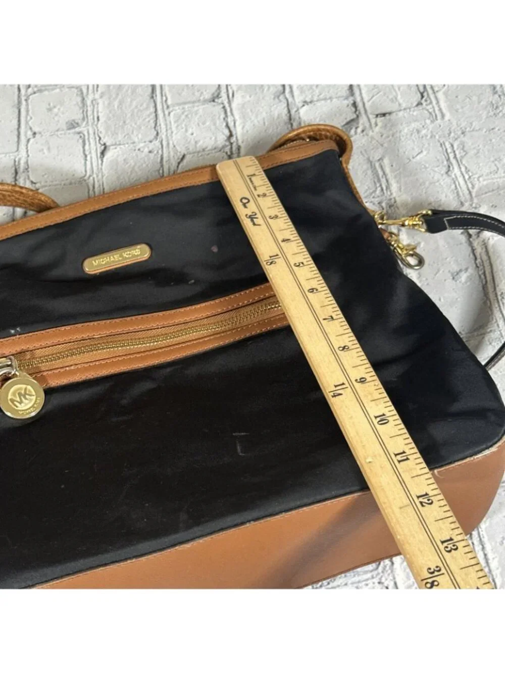 Michael Kors Black Cognac Shoulder Bag With Tan Leather Trim Medium Purse
